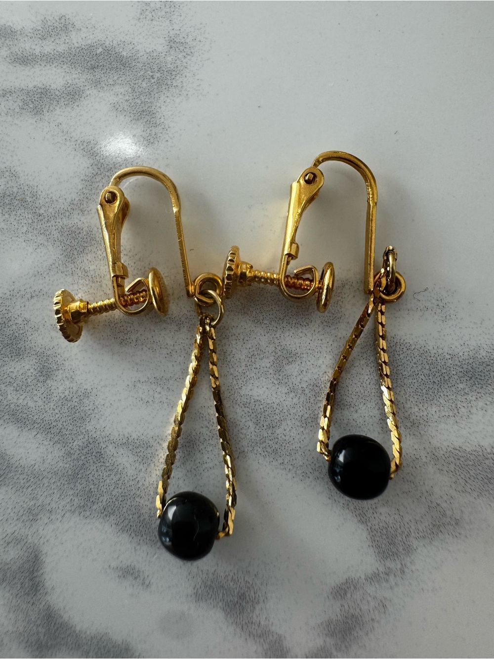 Vintage Estate Napier Gold-Tone Black Bead Drop Clip-On Earrings